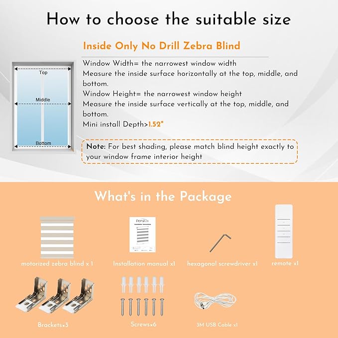 Persilux Custom Size Motorized No Drill Zebra Blackout Blinds, Smart Zebra Drilless Automatic Dual Layer,Quick Install,Privacy Electric No Tools Zebra Blinds for Home,Beige,RS20288-10