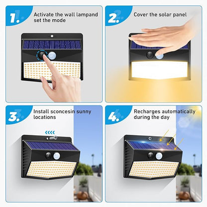 Peasur Solar Outdoor Lights, [4 Packs] Motion Sensor Security Lights with 3 Lighting Modes Wall Lights Waterproof Solar Powered Lights for Garden Yard, Warm