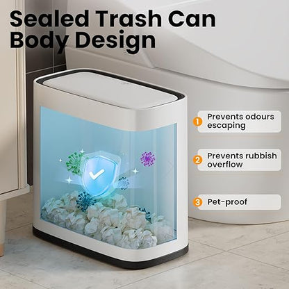 Bathroom Trash Can, 2.1 Gallon Small Slim Garbage Can with Lid and Wheels, Air-Press Bag Expander & Inner Bucket, White Plastic Waste Basket Dog Proof for Kitchen, Office, Bedroom, Garbage Trash Bin