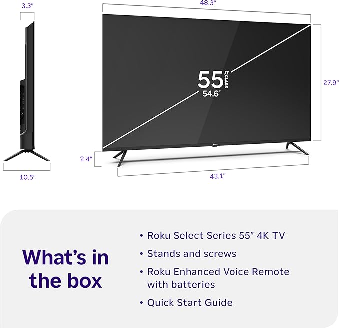 Roku Smart TV – 55-Inch Select Series, 4K HDR TV – Roku TV with Enhanced Voice Remote – Flat Screen LED Television with Wi-Fi for Streaming Live Local News, Sports, Family Entertainment