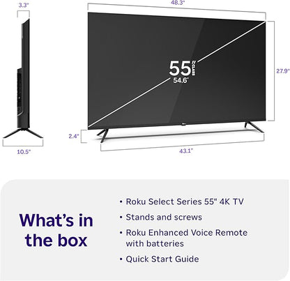 Roku Smart TV – 55-Inch Select Series, 4K HDR TV – Roku TV with Enhanced Voice Remote – Flat Screen LED Television with Wi-Fi for Streaming Live Local News, Sports, Family Entertainment