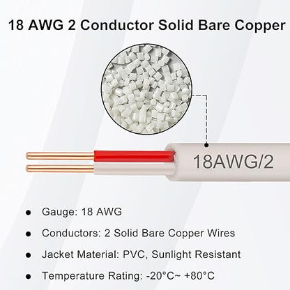 XRDS -RF 18AWG 2 Conductor Thermostat Wire 75FT, Solid Copper, 18 Gauge 2 Wire for Thermostat, HVAC, Heating and Cooling, White Jacket (20FT / 25FT / 30FT / 50FT / 75FT / 100FT)