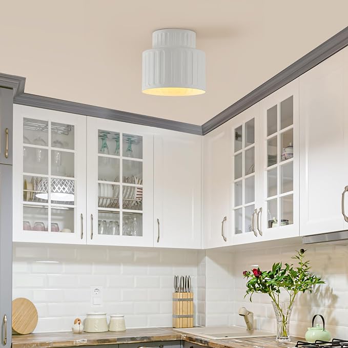 1-Light Ceramic Effect Flush Mount Ceiling Light with Ribbed Details | Ceramic Effect Ribbed Shade, Hallway, Bedroom, Kitchen, Dining Room, Model 66000135