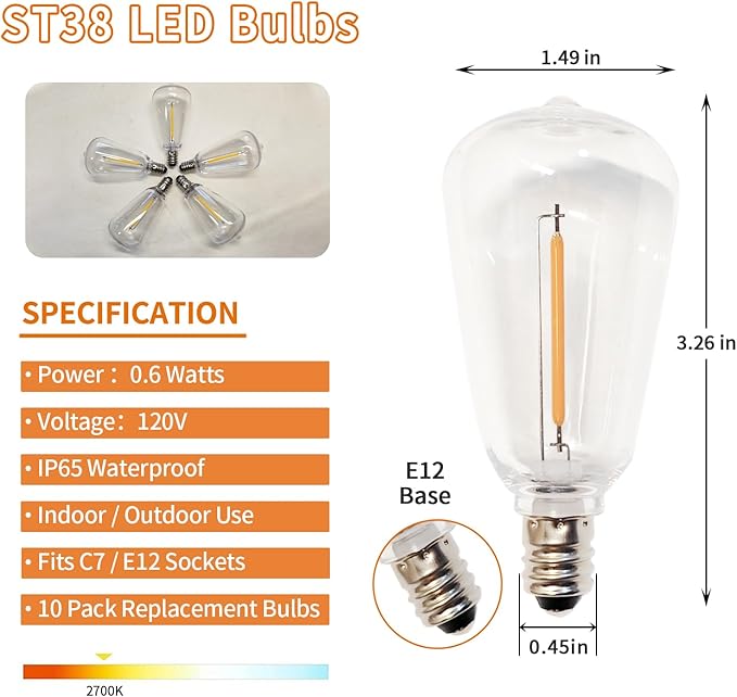 ST38 Replacement Bulbs 10 Pack, Shatterproof IP65 Waterproof Outdoor LED Edison Bulbs, E12 Candelabra Base, Dimmable Warm White 2700K, for Patio String Lights, Chandelier, Ceiling Fan