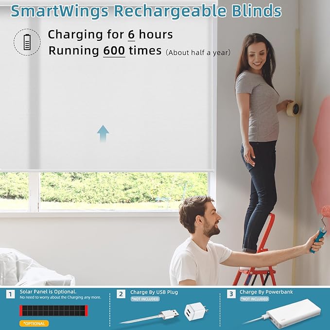 SmartWings Motorized Smart Roller Shades in Light Filtering, Electric Blinds with Remote for Windows Compatible with Alexa/Google Home/Homekit, Customized, 70% Blackout Essential White