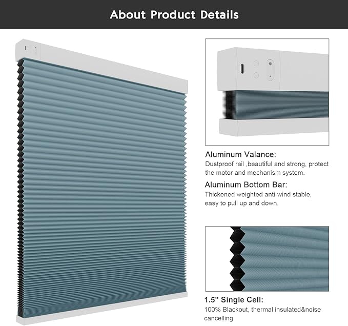 Changshade Blackout Smart Blinds Cellular Shades for Windows Doors Motorized with Remote Control, Custom Size Automatic Honeycomb Blind Electric Power Compatible with Alexa, Google Home, Blue