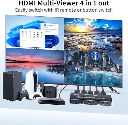 HDMI Multi-Viewer 4X1, Seamless Switcher 4 in 1 Out, Quad Multi Viewer Switcher with IR Remote, Supports 4K 30Hz, 5 Display Modes for Security Camera, Gaming Consoles