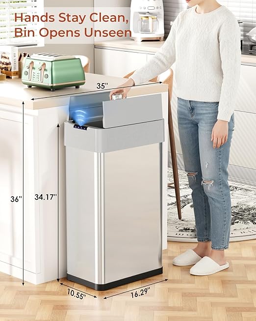 TLSUNNY 21.1 Gallon Automatic Trash Can, Stainless Steel Motion Sensor Garbage bin, Smart Trash Can W/Butterfly Lid, Bag Retainer Ring and Display Light for Living Room,Kitchen,Office (Silver, 80L)