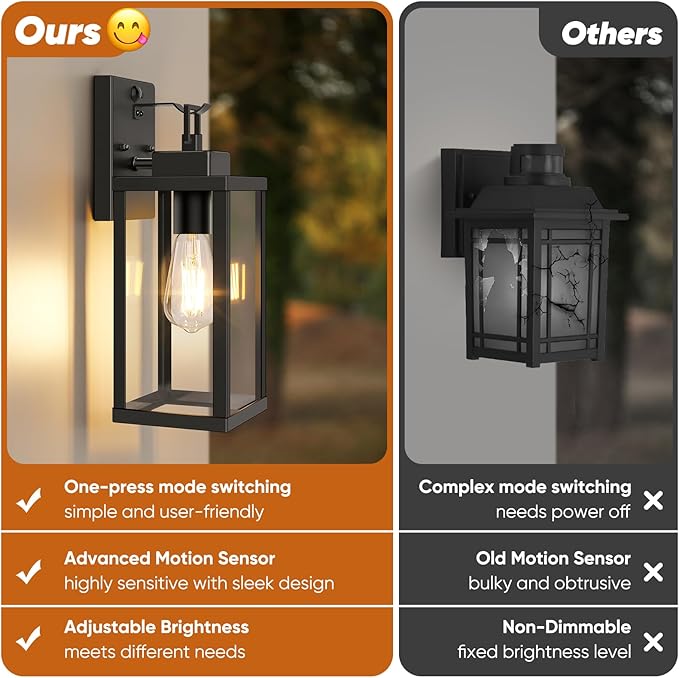 BesLowe 14” Upgraded Motion Sensor Outdoor Wall Lights, Dusk to Dawn Porch Lights Outdoor Wall Sconces, 3 Lighting Modes Exterior Lighting Fixtures with Hooks, Black Outside Lights for House, 2-Pack