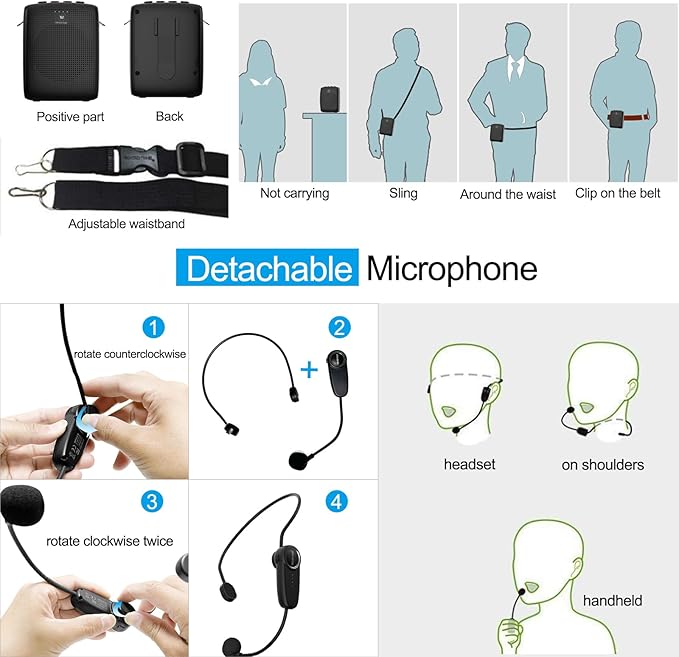 WinBridge Voice Amplifier with Bluetooth, Portable Speaker and Microphone Set, Wireless Mic Headset Speaker for Teachers, Tour Guide, Public Speaking, Fitness Instructors, Features Mute, 15W WB002