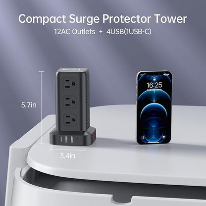 Extension Cord with Multiple Outlets, SMALLRT Surge Protector Power Strip Tower, 10FT Outlet Extender with 12 AC Outlets 4 USB, Power Strip with USB Ports for Home Office Dorm Room,Overload Protection