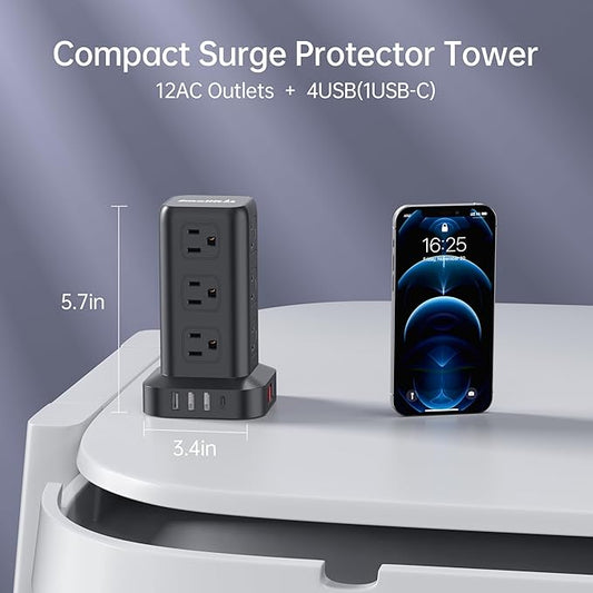 Extension Cord with Multiple Outlets, SMALLRT Surge Protector Power Strip Tower, 10FT Outlet Extender with 12 AC Outlets 4 USB, Power Strip with USB Ports for Home Office Dorm Room,Overload Protection