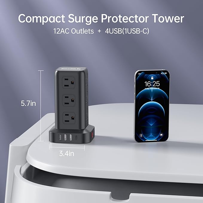 Extension Cord with Multiple Outlets, SMALLRT 2 Pcs Surge Protector Power Strip Tower, Outlet Extender with 12 AC Outlets 4 USB, 6.5FT Extension Cord for Home Office Dorm Room, Overload Protection