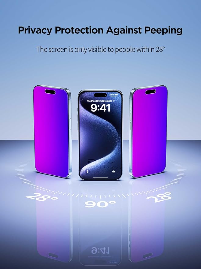 PDDKISS Compatible for iPhone 16 Pro Privacy Screen Protector Tempered Glass 6.3 Inch, Purple Gradient Anti Spy Anti Blue Light HD Easy Installation