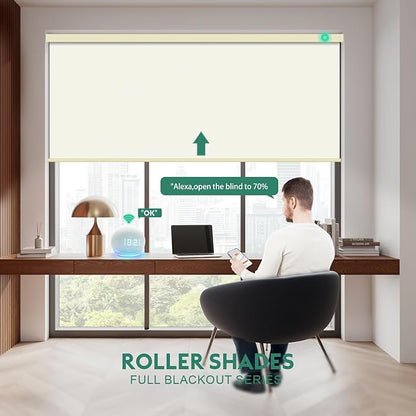 Motorized Blinds with Remote [100% Blackout & Silent Motor] Smart Blinds Compatible with Alexa Google HomeKit, Electric Roller Shades for Indoor Windows, Customized Size, Crossweave White