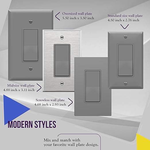 ENERLITES Decorator On/Off Paddle Switch with Wall Plates, Single Pole, 3 Wire, Grounding Screw, Residential Grade, 15A 120V/277V, UL Listed, 91150-GYWP, Gray