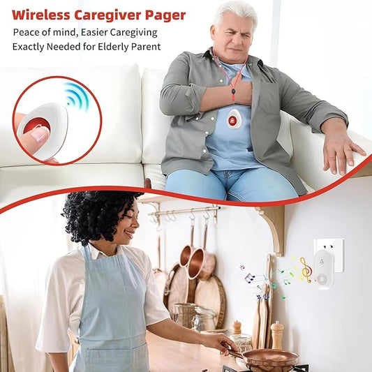 Wireless Caregiver Pager SOS Call Button for Elderly Monitoring 1000+ Feet Life Alert，Emergency Alert System Call Bell for Nurse Patient Disabled 2 Waterproof Transmitter & 2 Plugin Receiver