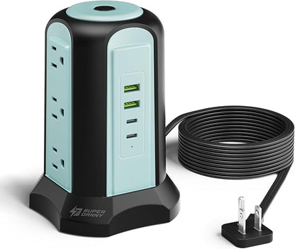 Power Strip Tower Surge Protector, SUPERDANNY Desktop Charging Station, 10 Ft Extension Cord, 9 Outlets, 4 USB Ports, 1080 Joules, 3-Prong, Grounded, Multiple Protections for Home, Office, Blue