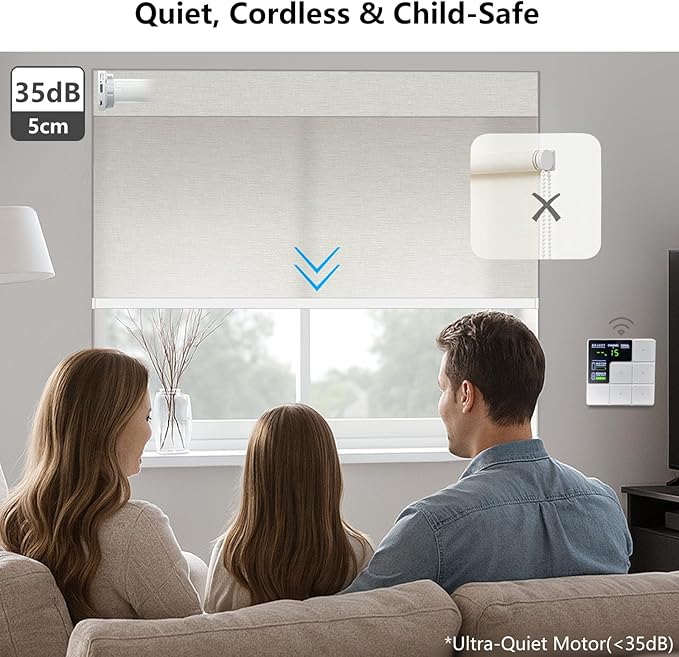 Motorized Light Filtering Roller Shades – Smart Electric Blinds for Living Room, Alexa Google Home Siri, Matter Compatible, Custom Window Shades, Cordless Rechargeable