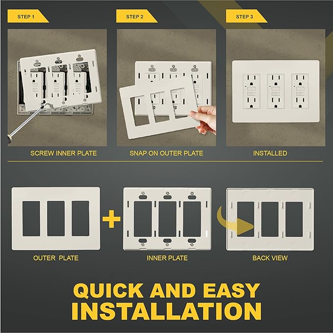 Faith 3-Gang Decorator Screwless Wall Plates Child Safe Outlet Covers, 4.68"H x 2.93" L, Fits GFCI, USB Receptacle, Dimmers, and Lighting Controls, ETL Listed, Light Almond, 4-Pack