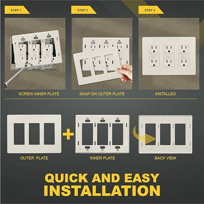 Faith 3-Gang Decorator Screwless Wall Plates Child Safe Outlet Covers, 4.68"H x 2.93" L, Fits GFCI, USB Receptacle, Dimmers, and Lighting Controls, ETL Listed, Light Almond, 4-Pack