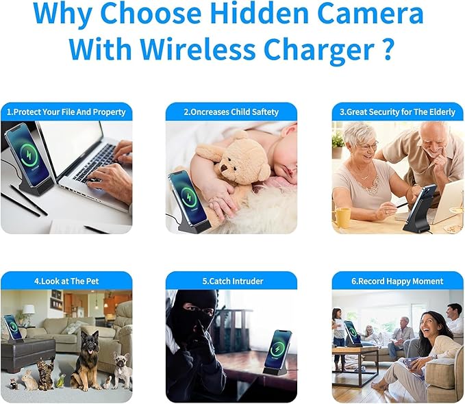 LIZVIE Phone Charger Hidden Camera with Spy Lens, 24/7 Night Vision, Wireless Charger Spy Camera Indoor, Free APP Control/Motion Detection, Supports 256GB SD Card.
