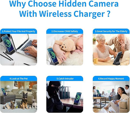 LIZVIE Phone Charger Hidden Camera with Spy Lens, 24/7 Night Vision, Wireless Charger Spy Camera Indoor, Free APP Control/Motion Detection, Supports 256GB SD Card.