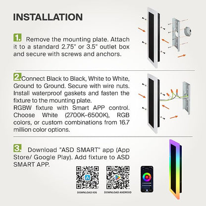 ASD LED 72" Long Wall Mount Light Fixture, Outdoor & Indoor Linear Sconce | RGBW, Smart, Waterproof, Anti-Rust, ETL Listed | 40W 2300LM 2700-6500K 100-277V | Exterior Porch Lighting | Black