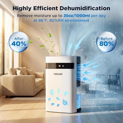 TENKER Dehumidifier for Home, 77oz Water Tank (1000 sq.ft) Dehumidifiers, Quiet Dehumidifier with Auto Shut Off, Sleep Mode, 7-Color LED Light for Closet Bedroom Bathroom RV, White
