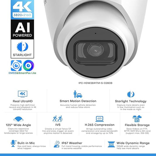 8MP IP Camera, DMSS/SmartPSS Lite, 4K PoE Turret Outdoor Starlight Camera with Mic Audio, Human/Vehicle Detection, IVS, Intrusion Tripwire Alarm, 2.8mm 125°Wide Angle, Metal IP67, H265+, 256GB