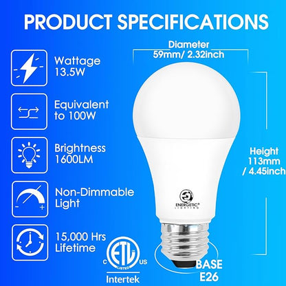E ENERGETIC LIGHTING LED Light Bulbs 100 Watt Equivalent, Warm White 3000K, 1600LM Super Bright, Non-Dimmable A19 LED Light Bulbs, E26 Standard Base, ETL Listed, 6 Packs