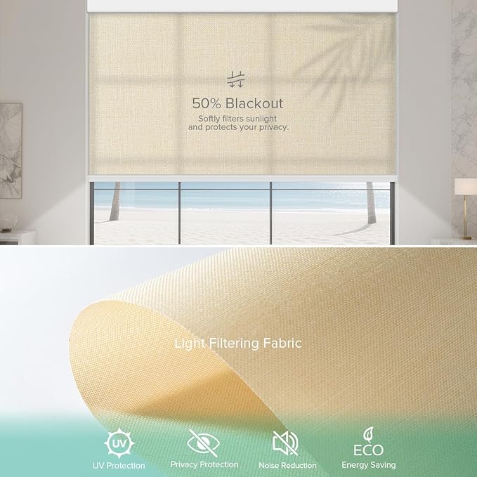 Motorized Roller Shades, Light Filtering Remote Control Custom Window Shades Compatible with Alexa Google Assistant via RF Hub, Rechargeable Electric Blinds for Windows (Beige)