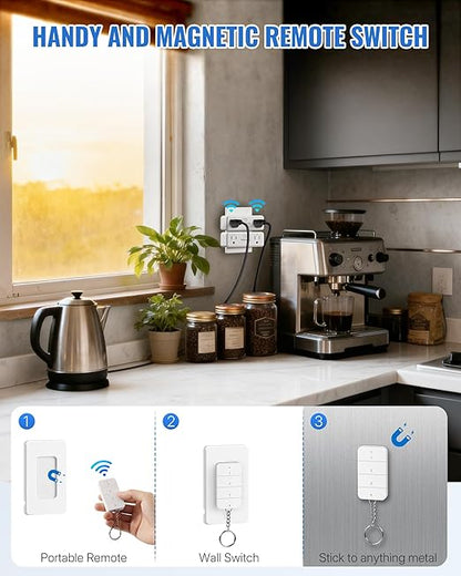Remote Control Outlet with 4 Independent Control Sockets, WILAWELS Wireless Light Switch, Expandable Remote Outlet Switch forChristmas Tree Lights, String Lights, 15A/1875W/125V, FCC Listed