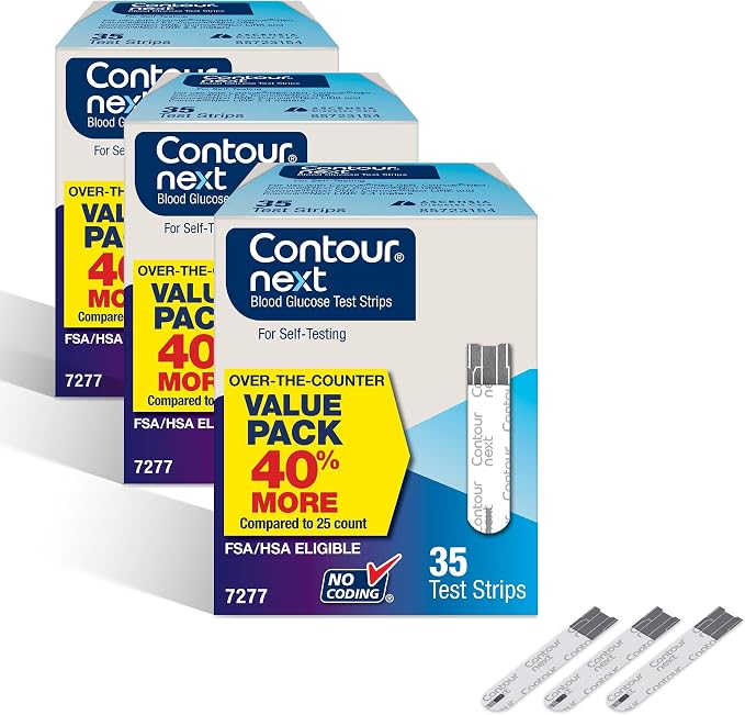 Ascensia Contour Next Blood Glucose Diabetes Test Strips 105 Count (3x35ct) | For Diabetes, Accurate, No Coding, Second-Chance Sampling, Compatible With All Contour Next Meters, Easy Blood Sugar Testing