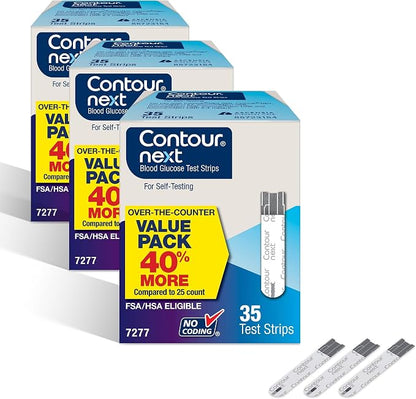 Ascensia Contour Next Blood Glucose Diabetes Test Strips 105 Count (3x35ct) | For Diabetes, Accurate, No Coding, Second-Chance Sampling, Compatible With All Contour Next Meters, Easy Blood Sugar Testing