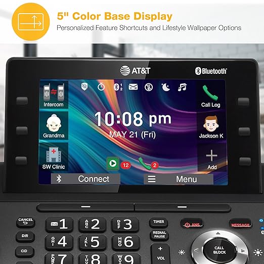 AT&T 4-Handset DECT 6.0 Cordless Home and Business Phone with Answering Machine, 5" Color Display, One-Touch Shortcut, Conference, Intercom, Smart Call Blocker, Bluetooth Connect to Cell: DLP73490