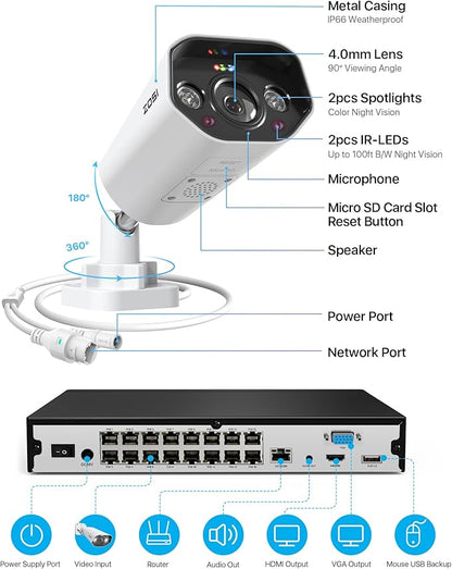 ZOSI 24CH 4K PoE Security Camera System, 10pcs 4K Outdoor PoE Wired Cameras, Face/Person/Vehicle Detection, 2 Way Talk, Spotlight Siren, 16 Port 24CH 8MP Dual-Disk NVR with 4TB HDD for 24/7 Recording