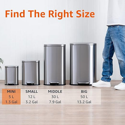 Amazon Basics MINI Trash Can, 1.32 Gallon (5L) Smudge Resistant Rectangular Bin with Soft-Close Lid, Step Foot Pedal, Removable Inner Bucket, Brushed Stainless Steel, for Bathroom, Satin Nickel Finish