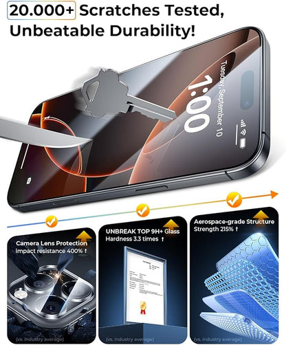 MRGLAS TOP 9H+ Glass 2+2 Packs for iPhone 16 Pro Privacy Screen Protector 6.3'' with Camera Lens Protector [Zero Bubble, Auto-Dust Removal] [10X Military Protection] Tempered Glass Full Edge Coverage