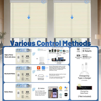 Motorized Cellular Shades with Remote, Light Filtering Smart Cellular Shades Compatible with Alexa, Honeycomb Window Blinds for Bedroom Home Office, Custom Size, Half Shading Cream