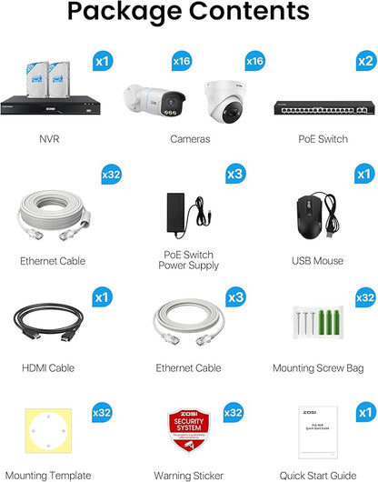 ZOSI 32CH 4K PoE Security Camera System,32 x 8MP Full Color Night Vision Outdoor PoE Cameras,Person Vehicle Detection,2 Way Audio,Spotlight Siren,32CH Surveillance NVR with 8TB HDD for 24/7 Recording