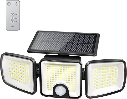 Brightown 1 Pack Solar Outdoor Lights with Motion Sensor, 223 LED 3 Head 270° Wide Angle Street Area Security Lights with Remote, IP65 Waterproof Flood Wall Lights with 3 Modes for Yard Outside