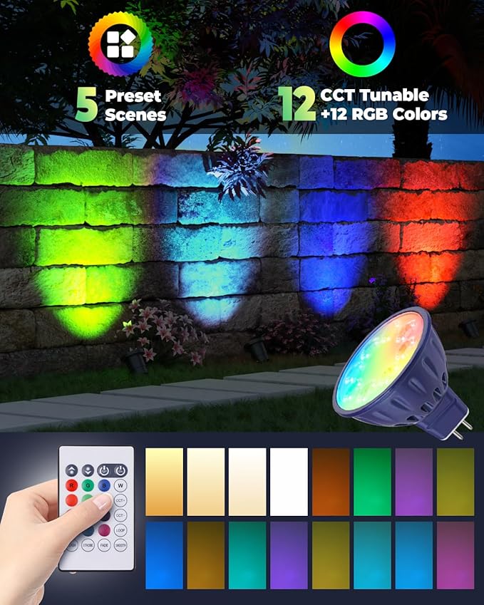 RGBW Color Changing MR16 LED Bulbs, CCT Tunable 2700K to 6500K, Dimmable with Remote Control, Memory Function, GU5.3 Bi-pin Base Light Bulbs for 12V Low Voltage Landscape Lighting 6-Pack