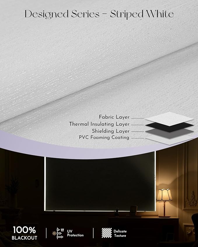 Graywind Smart Blackout Roller Shades for Alexa Google Textured Gleaming Fabric Rechargeable Motorized Blinds Cordless Remote Control Window Shades, Custom Size (Striped White) (GW-QZYM-TH00)