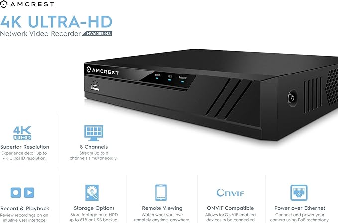 Amcrest 4K Security Camera System w/ 4K 8CH PoE NVR, (4) x 4K (8-Megapixel) IP67 Weatherproof Metal Turret Dome POE IP Cameras (3840x2160), Pre-Installed 2TB HDD, NV4108E-IP8M-T2599EW4-2TB (White)