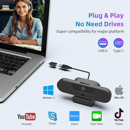 4K Webcam, UHD PTZ PC Camera with Speaker and 4 Microphones, Supporting Remote Control, Digital Zoom, Autofocus, Privacy Cover and Tripod, for Video Calls and Conferences and Live Streaming