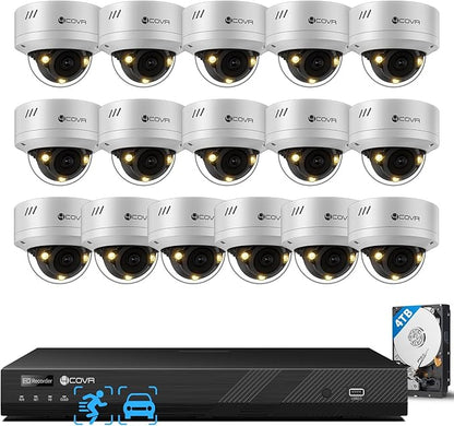 4COVR 16 Channel Security Camera System Businesses, 4K 16CH NVR 4TB HDD, 16X 5MP IK10 Dome PoE IP Cameras IP67, Smart Color Night Vision, 2-Way Audio, Person/Vehicle Detection, 24/7 Home, LY54FA5M1616