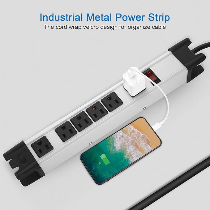 CCCEI Heavy Duty Power Strip Surge Protector - 6 Outlet Industrial Strip with 15A, 1200 Joules - ETL Listed Metal for Shop, Workshop, Garden (4FT, Grey)