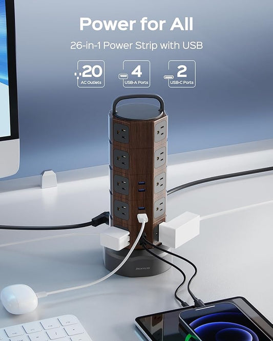 Power Strip Tower Surge Protector 1050J, 20 AC Outlets 6 USB Ports, 13A Desktop Electrical Charging Station, 6.5ft Heavy Duty Extension Cord, for Home, Office, Garage, Black Walnut