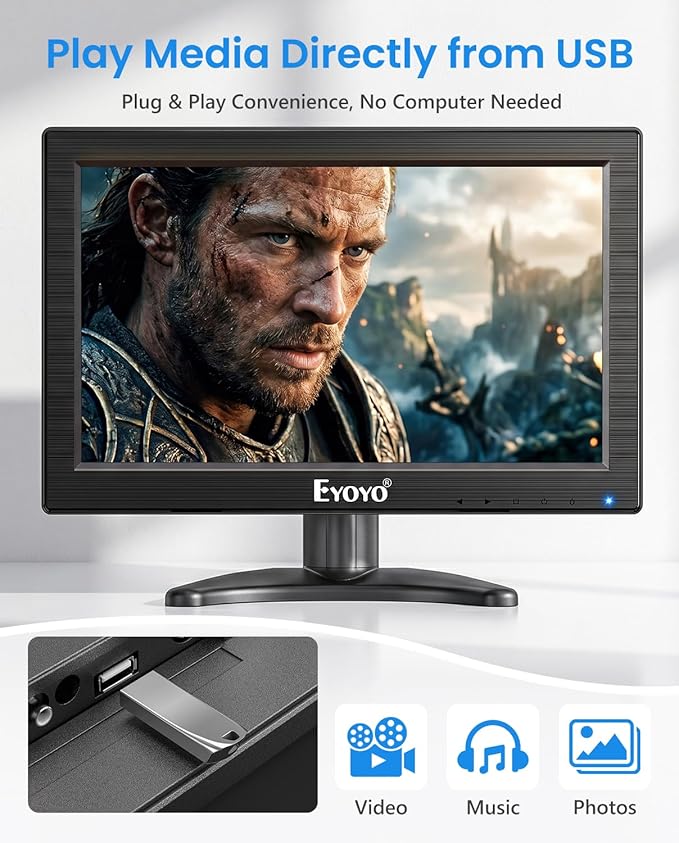 Eyoyo 12" Inch TFT LCD Monitor with AV HDMI BNC VGA Input 1366x768 Portable Mini HD Color Screen Display with Built-in Speaker